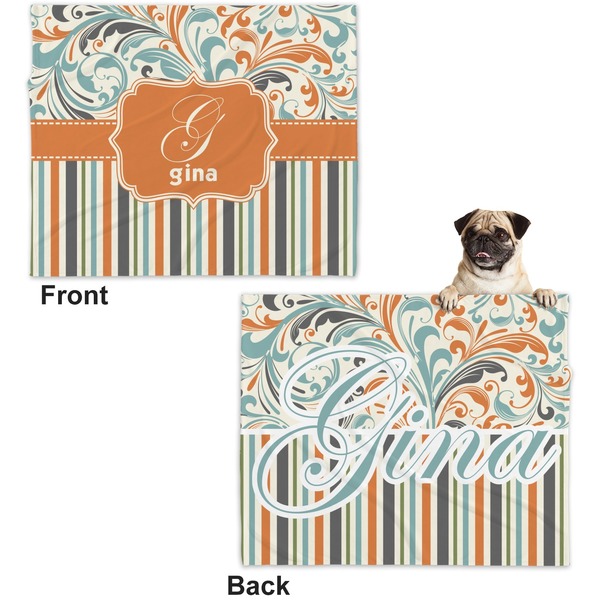 Orange Blue Swirls & Stripes Microfleece Dog Blanket - Large- Front & Back