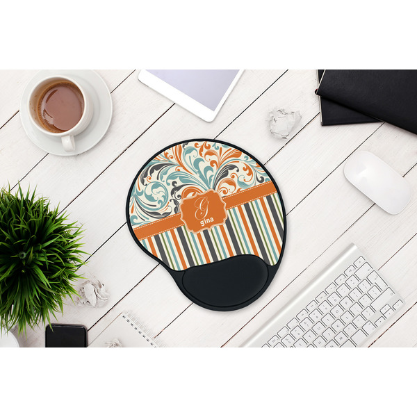Orange Blue Swirls & Stripes Mouse Pad with Wrist Rest - LIFESYTLE 1