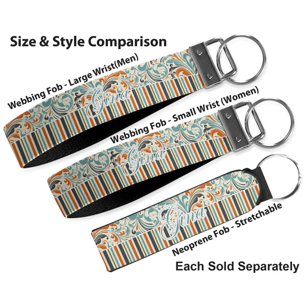 Orange Blue Swirls & Stripes Multiple Key Ring comparison sizes
