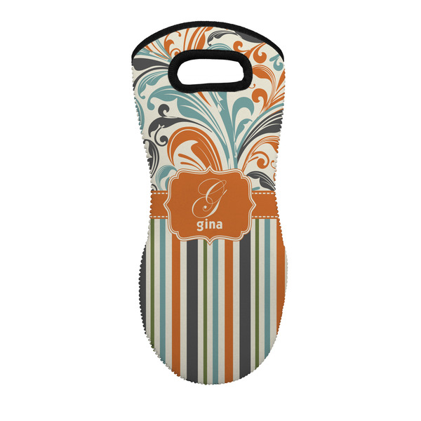 Custom Orange Blue Swirls & Stripes Neoprene Oven Mitt - Single w/ Name and Initial