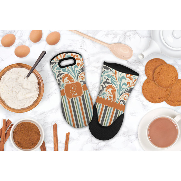 Orange Blue Swirls & Stripes Neoprene Oven Mitt - Lifestyle Image