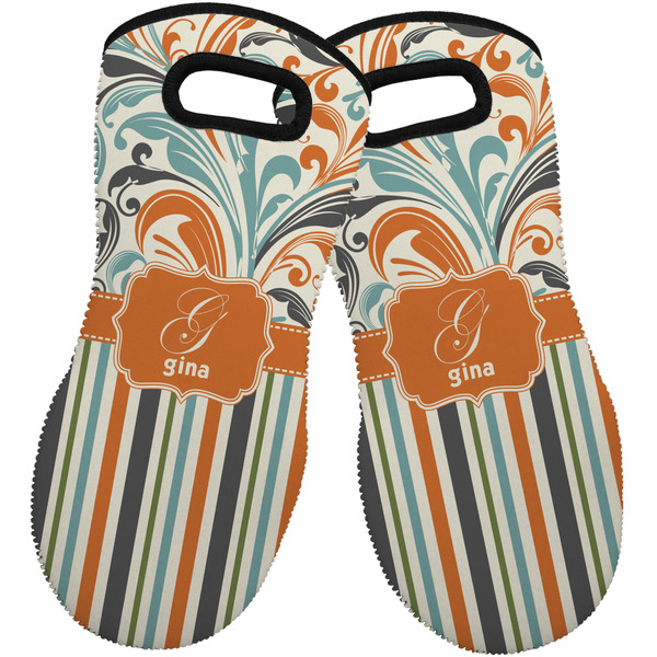 Custom Orange Blue Swirls & Stripes Neoprene Oven Mitts - Set of 2 w/ Name and Initial