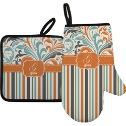Orange Blue Swirls & Stripes Oven Mitt & Pot Holder Set w/ Name and Initial