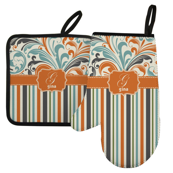 Custom Orange Blue Swirls & Stripes Left Oven Mitt & Pot Holder Set w/ Name and Initial