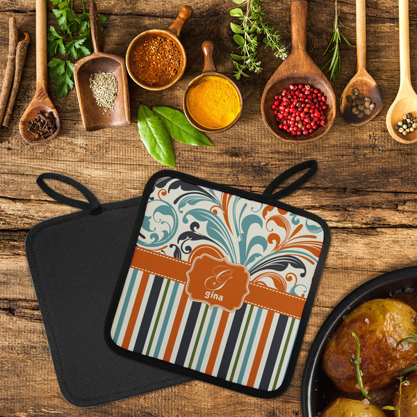 Orange Blue Swirls & Stripes Neoprene Pot Holder - Set of 2  LIFESTYLE (Flatlay)