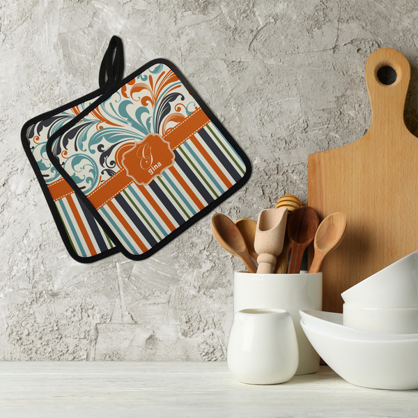 Orange Blue Swirls & Stripes Neoprene Pot Holder - Set of 2  LIFESTYLE