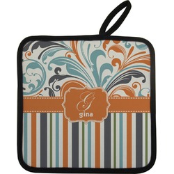 Orange Blue Swirls & Stripes Pot Holder w/ Name and Initial