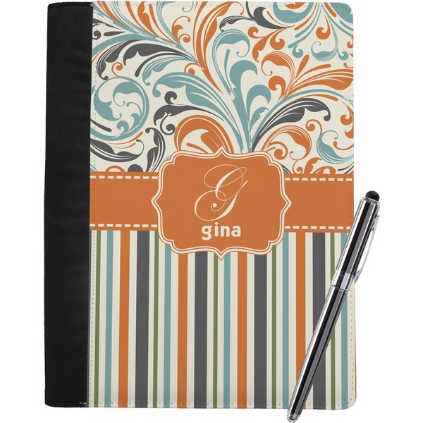 Custom Orange Blue Swirls & Stripes Notebook Padfolio - Large w/ Name and Initial