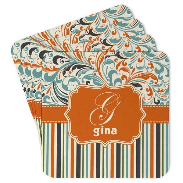 Custom Orange Blue Swirls & Stripes Paper Coasters w/ Name and Initial