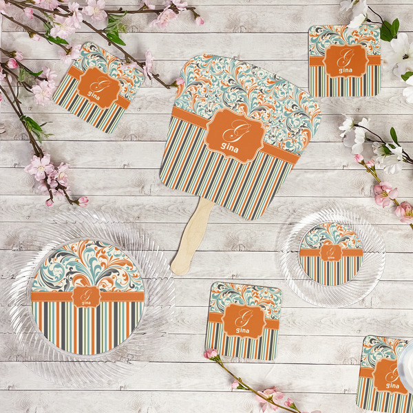 Orange Blue Swirls & Stripes Party Supplies Combination Image - All items - Plates, Coasters, Fans