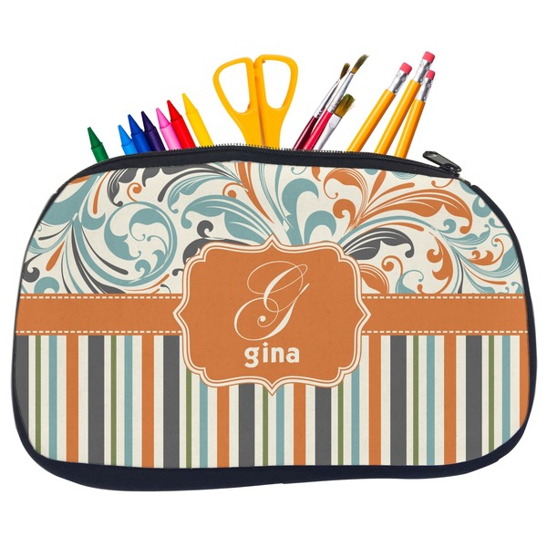 Custom Orange Blue Swirls & Stripes Neoprene Pencil Case - Medium w/ Name and Initial