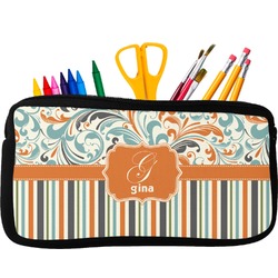 Orange Blue Swirls & Stripes Neoprene Pencil Case - Small w/ Name and Initial