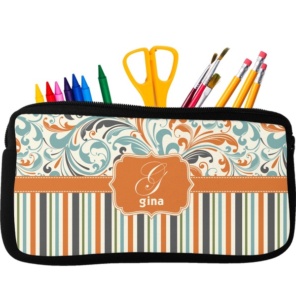 Custom Orange Blue Swirls & Stripes Neoprene Pencil Case - Small w/ Name and Initial