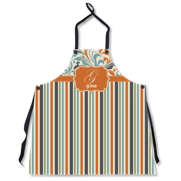 Custom Orange Blue Swirls & Stripes Apron Without Pockets w/ Name and Initial