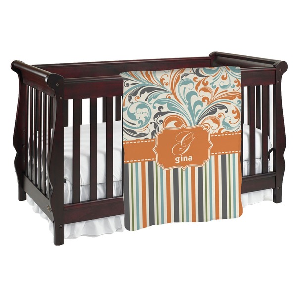 Custom Orange Blue Swirls & Stripes Baby Blanket (Personalized)