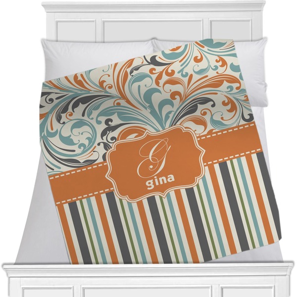 Custom Orange Blue Swirls & Stripes Minky Blanket - Twin / Full - 80"x60" - Double Sided (Personalized)