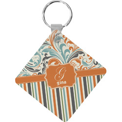Orange Blue Swirls & Stripes Diamond Plastic Keychain w/ Name and Initial