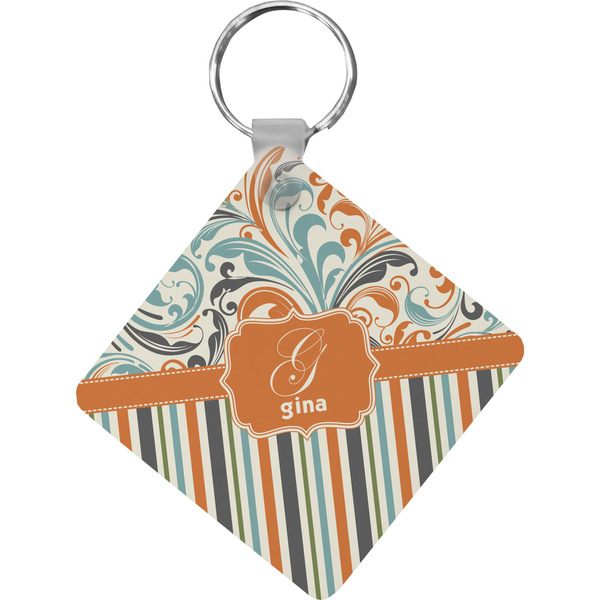 Custom Orange Blue Swirls & Stripes Diamond Plastic Keychain w/ Name and Initial