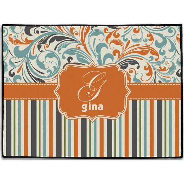 Custom Orange Blue Swirls & Stripes Door Mat (Personalized)