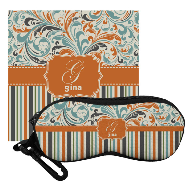 Custom Orange Blue Swirls & Stripes Eyeglass Case & Cloth (Personalized)
