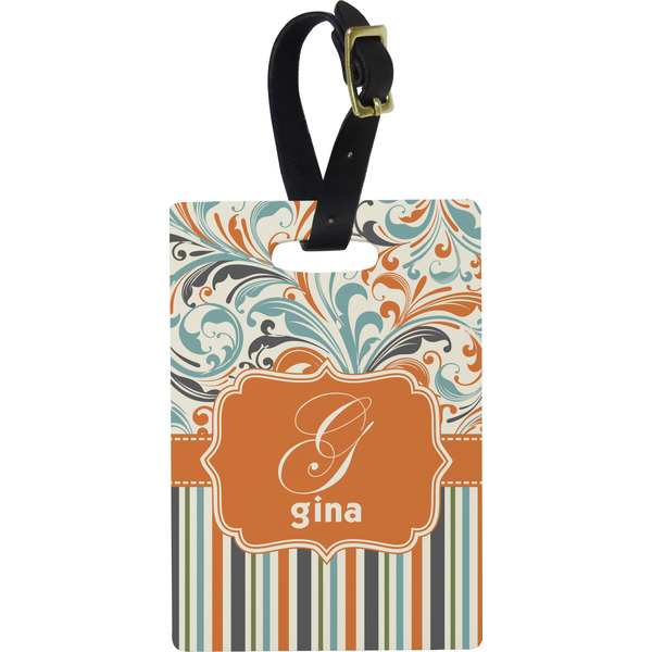 Custom Orange Blue Swirls & Stripes Plastic Luggage Tag - Rectangular w/ Name and Initial