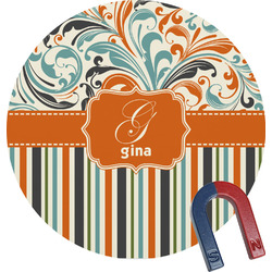 Orange Blue Swirls & Stripes Round Fridge Magnet (Personalized)