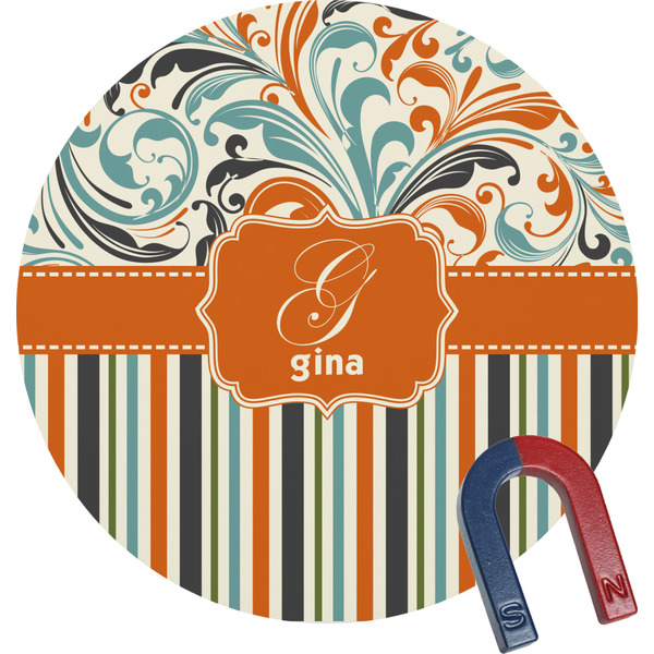 Custom Orange Blue Swirls & Stripes Round Fridge Magnet (Personalized)