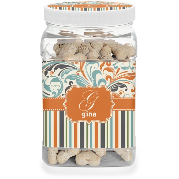 Custom Orange Blue Swirls & Stripes Dog Treat Jar (Personalized)
