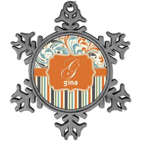 Custom Orange Blue Swirls & Stripes Vintage Snowflake Ornament (Personalized)