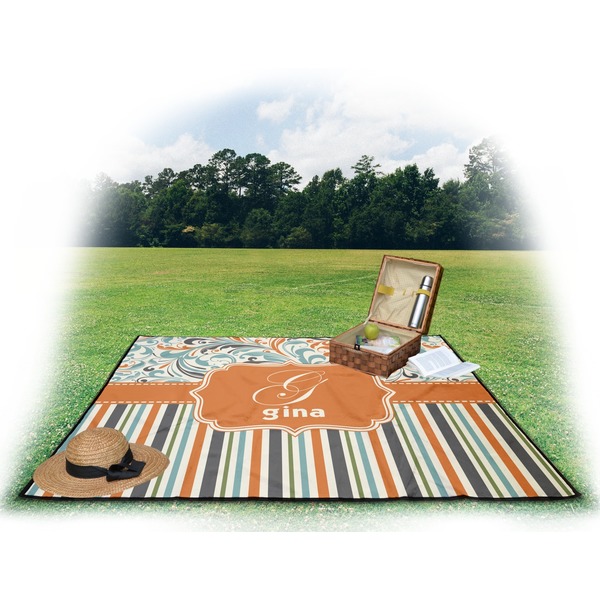 Orange Blue Swirls & Stripes Picnic Blanket - with Basket Hat and Book - in Use