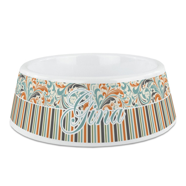 Custom Orange Blue Swirls & Stripes Plastic Dog Bowl - Medium (Personalized)