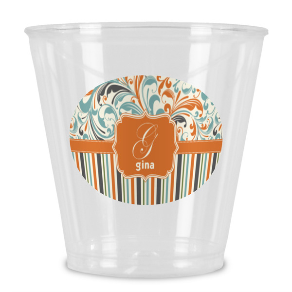 Custom Orange Blue Swirls & Stripes Plastic Shot Glass (Personalized)