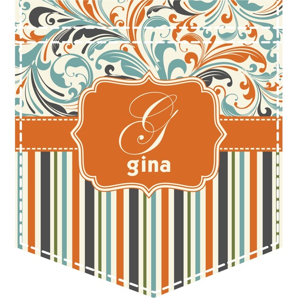 Custom Orange Blue Swirls & Stripes Iron On Faux Pocket (Personalized)