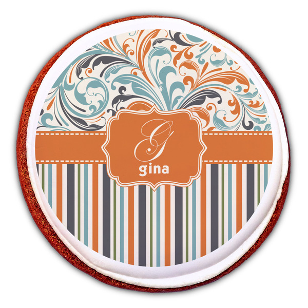 Orange Blue Swirls & Stripes Printed Icing Circle - Large - On Cookie