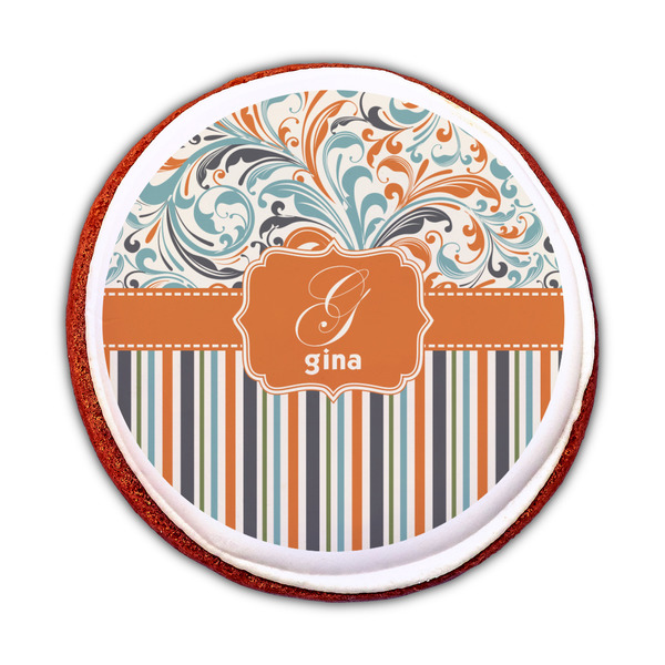Orange Blue Swirls & Stripes Printed Icing Circle - Medium - On Cookie