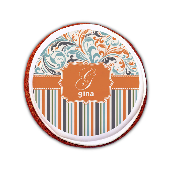Orange Blue Swirls & Stripes Printed Icing Circle - Small - On Cookie