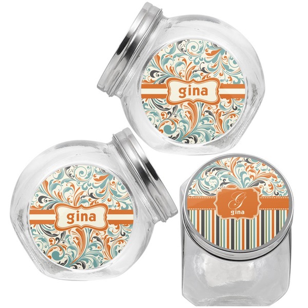 Orange Blue Swirls & Stripes Puppy Treat Jar - Top Left Right