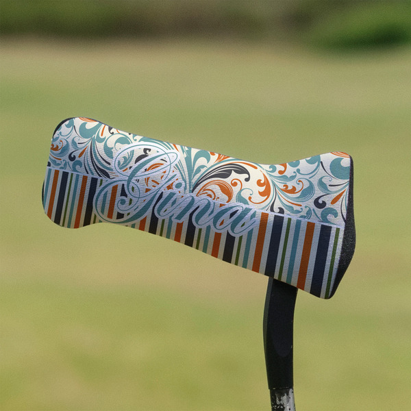 Orange Blue Swirls & Stripes Putter Cover - On Putter