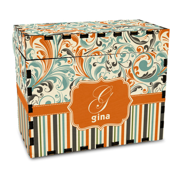 Custom Orange Blue Swirls & Stripes Wood Recipe Box - Full Color Print (Personalized)