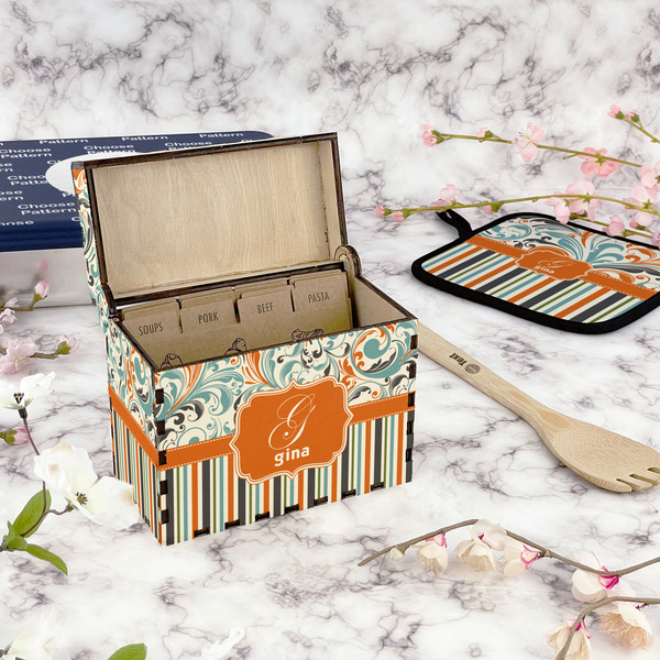Orange Blue Swirls & Stripes Recipe Box - Full Color - In Context