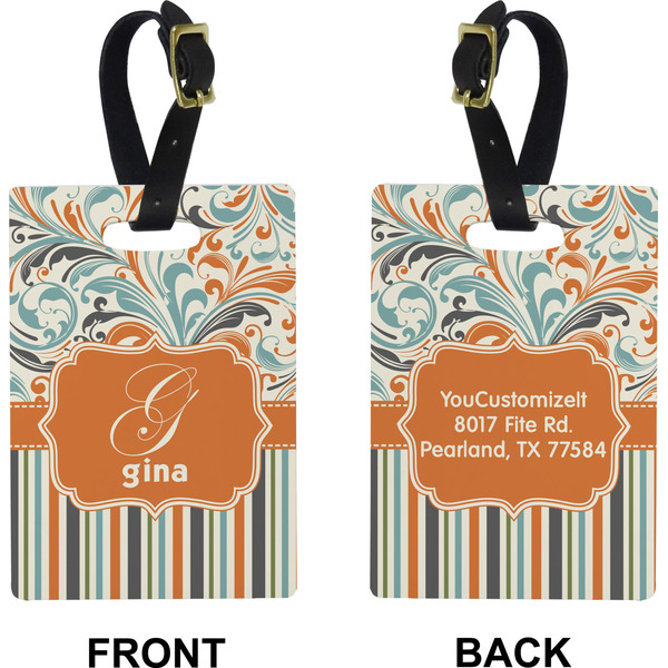 Orange Blue Swirls & Stripes Rectangle Luggage Tag (Front + Back)
