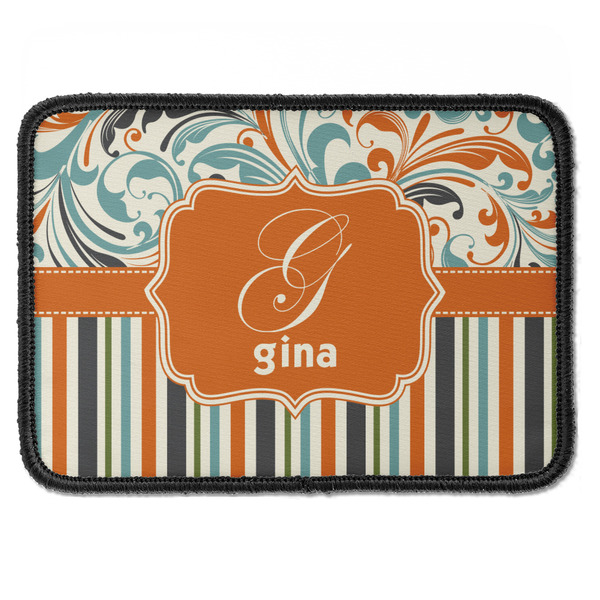 Custom Orange Blue Swirls & Stripes Iron On Rectangle Patch w/ Name and Initial