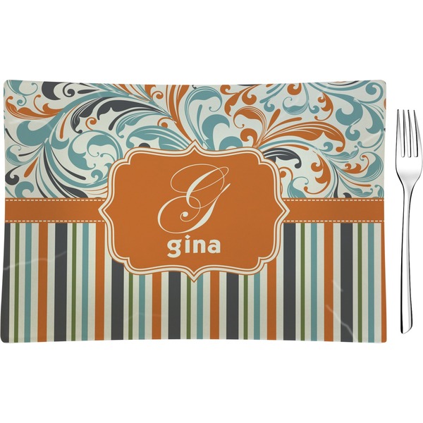 Custom Orange Blue Swirls & Stripes Glass Rectangular Appetizer / Dessert Plate (Personalized)