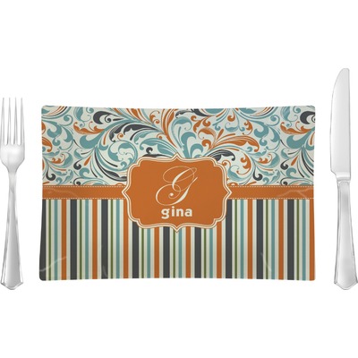 Orange Blue Swirls & Stripes Rectangular Glass Lunch / Dinner Plate - Single or Set (Personalized)