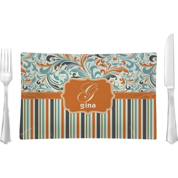 Custom Orange Blue Swirls & Stripes Rectangular Glass Lunch / Dinner Plate - Single or Set (Personalized)