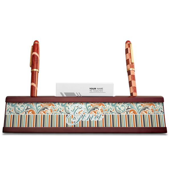 Orange Blue Swirls & Stripes Red Mahogany Nameplates with Business Card Holder - Straight
