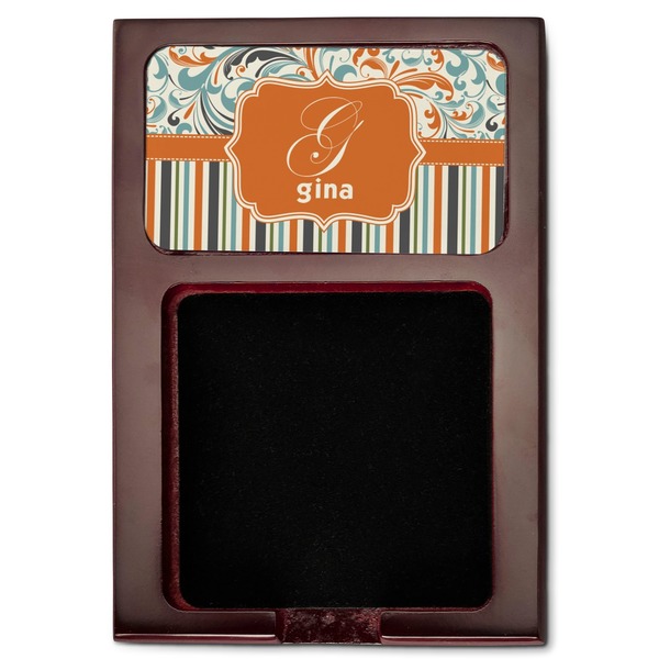 Orange Blue Swirls & Stripes Red Mahogany Sticky Note Holder - Flat