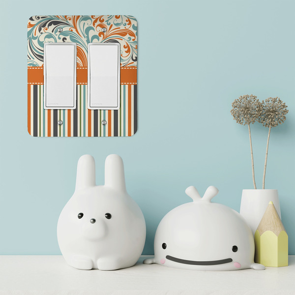 Orange Blue Swirls & Stripes Rocker Light Switch Covers - Double - IN CONTEXT