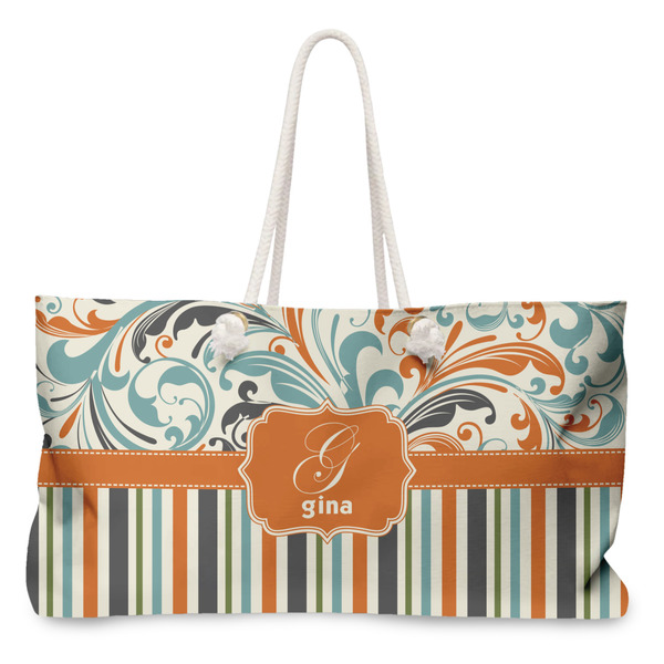Custom Orange Blue Swirls & Stripes Large Tote Bag with Rope Handles (Personalized)