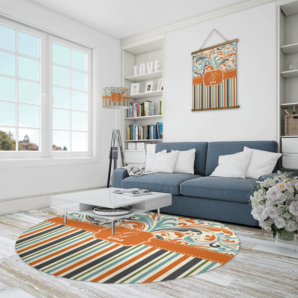Orange Blue Swirls & Stripes Round Area Rug - IN CONTEXT